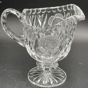 Vtg‎ Pressed Glass Pedestal Creamer Rose Pattern Footed Clear Glass Pitcher 6"